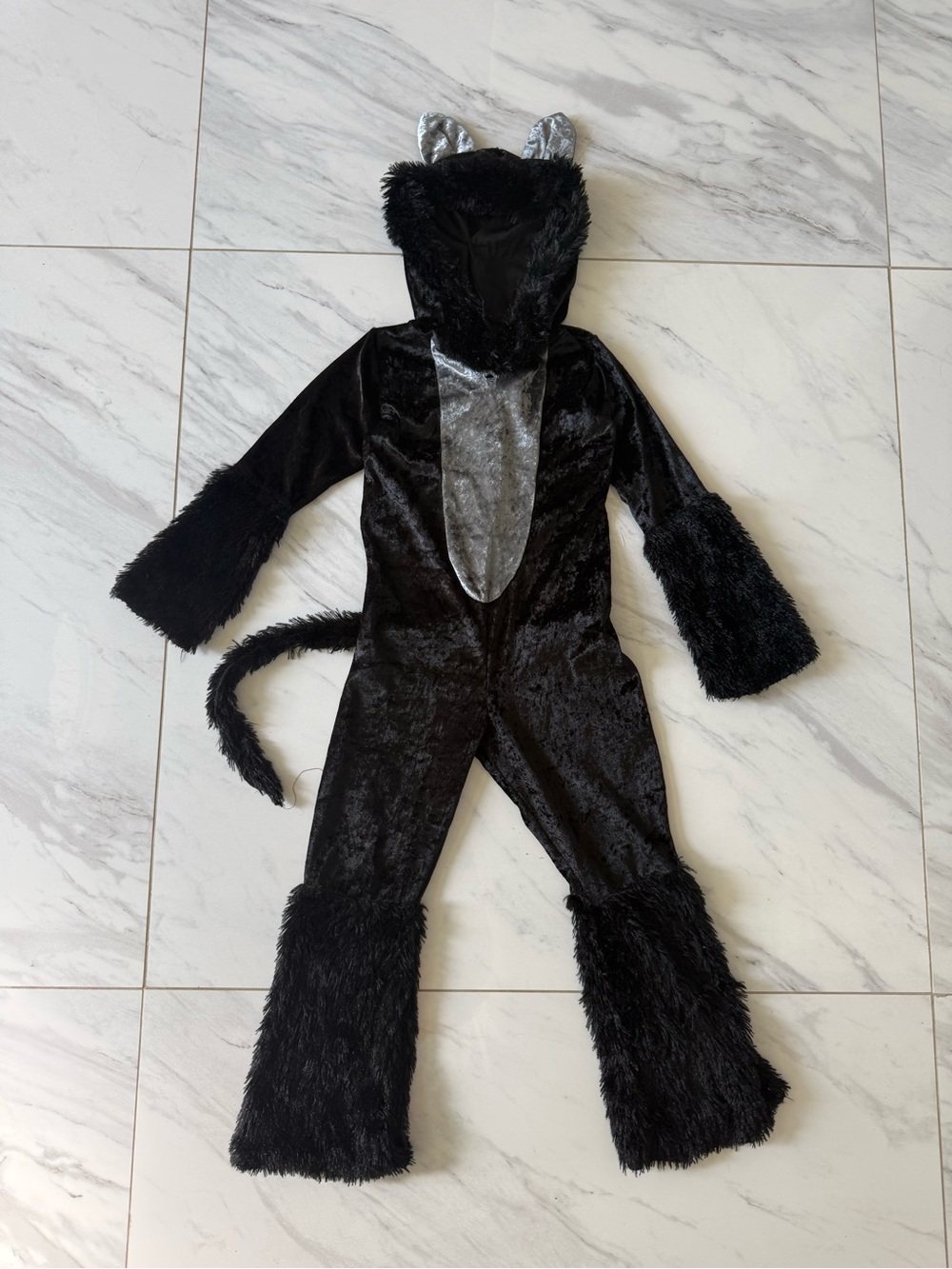 Spirit Kids Black Cat Costume Small Furry Velour Jumpsuit Tail Halloween size S
